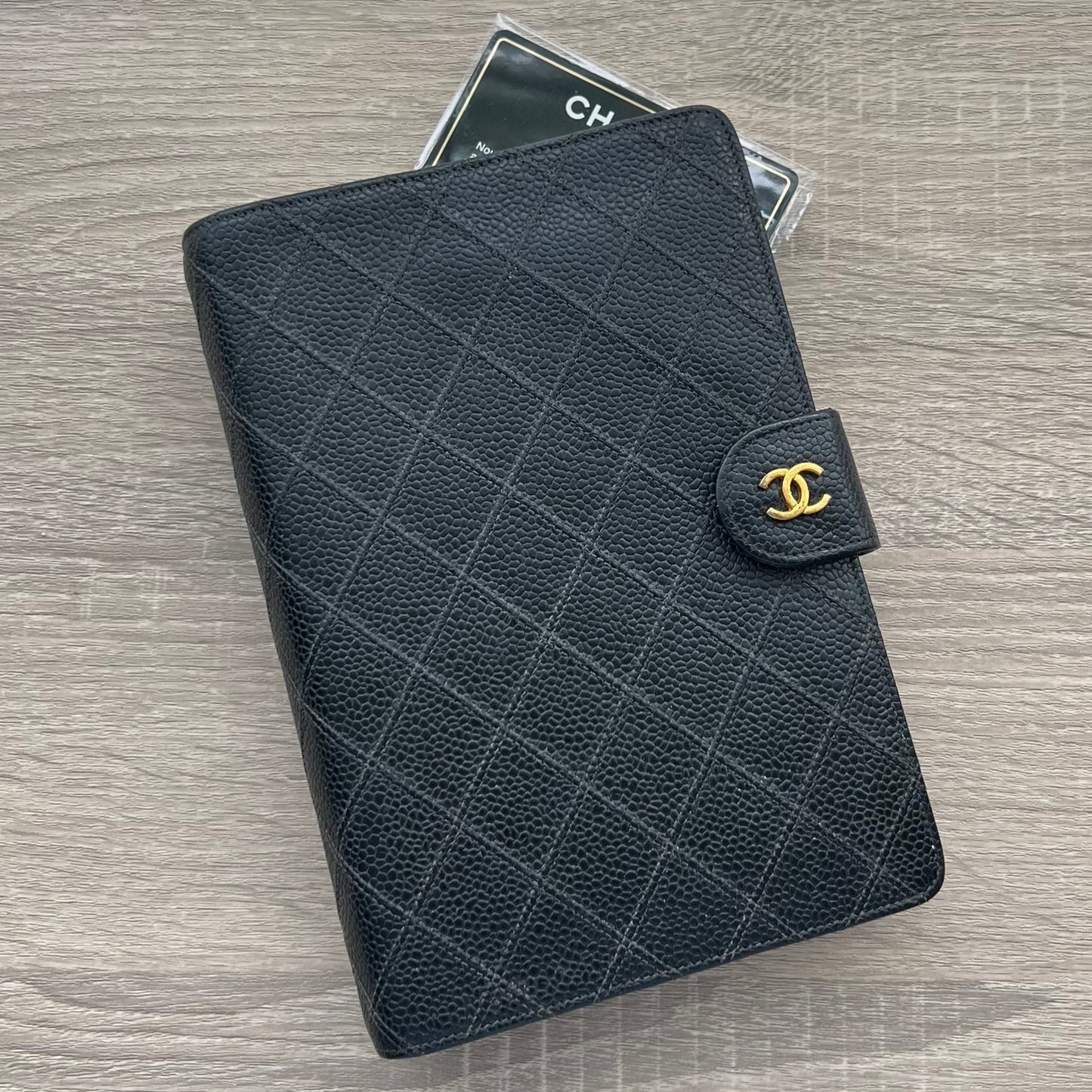 chanel black quilted agenda planner notebook cover with authenticity guarantee confirm black quilted caviar