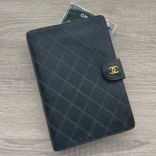 chanel black quilted agenda planner notebook cover with authenticity guarantee confirm black quilted caviar