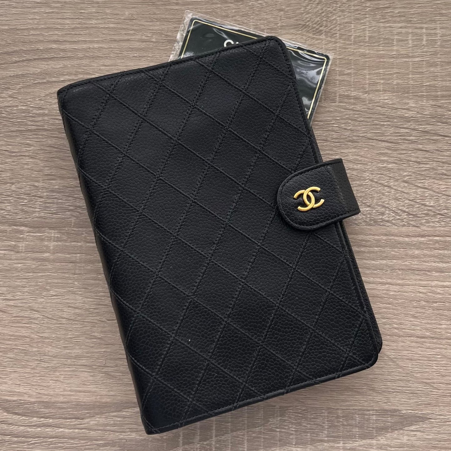 chanel black quilted agenda planner notebook cover with authenticity guarantee confirm black quilted caviar
