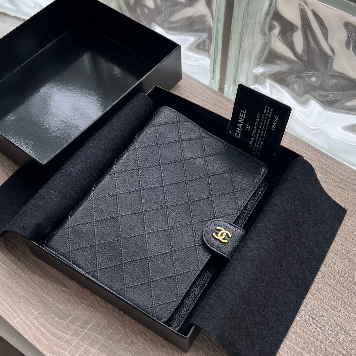 chanel black quilted agenda planner notebook cover with authenticity guarantee confirm black quilted caviar