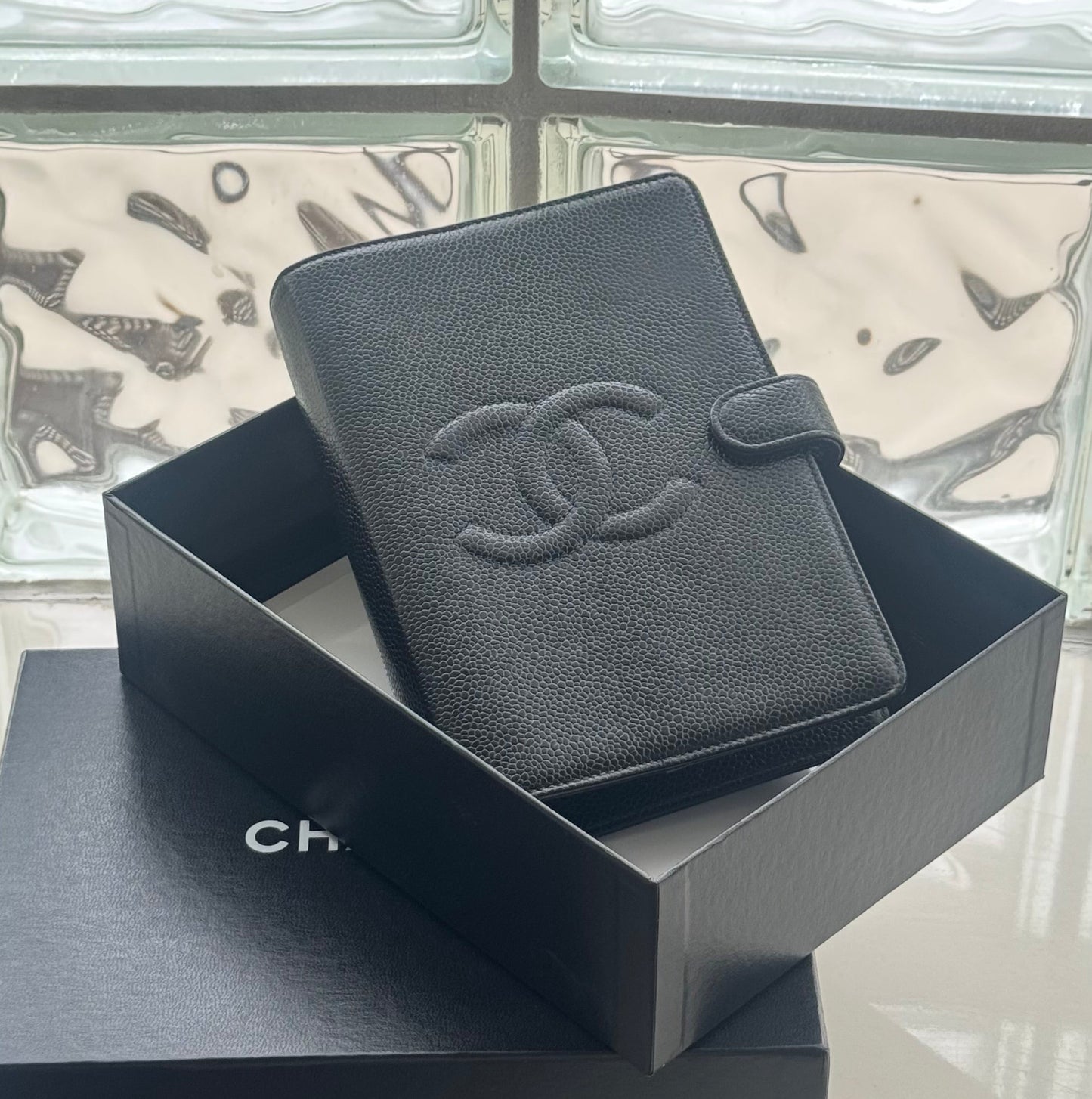 Chanel Timeless CC Black MM Agenda with card and box