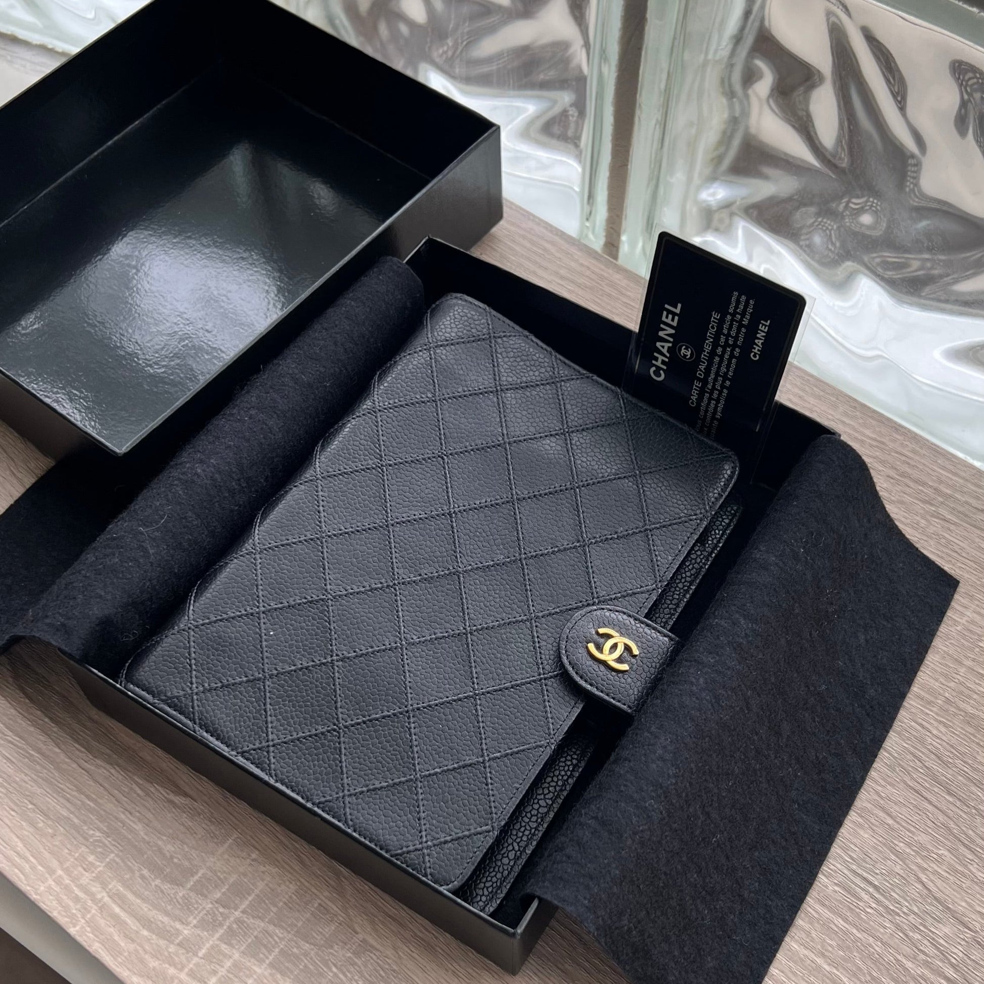 chanel black quilted agenda planner notebook cover with authenticity guarantee confirm black quilted caviar 