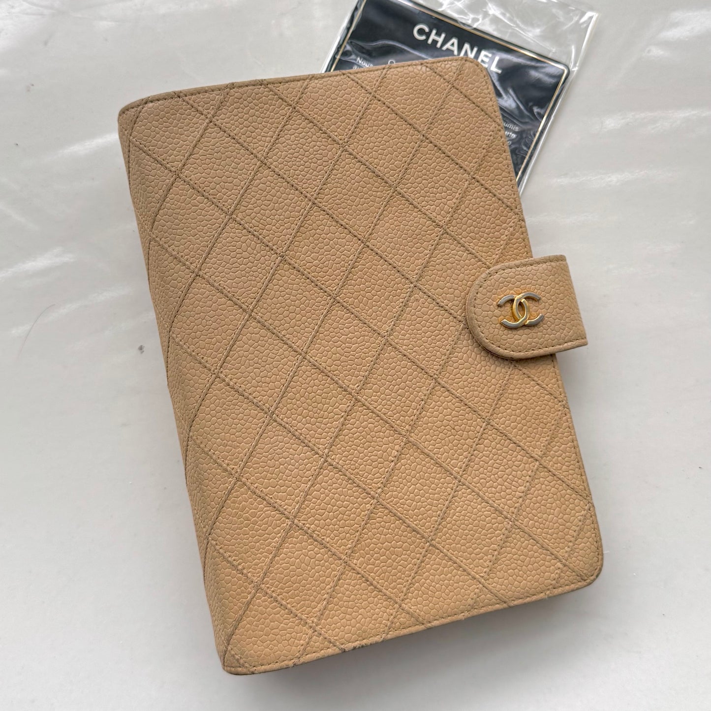 Chanel Matrasse Quilted Beige MM Agenda with card